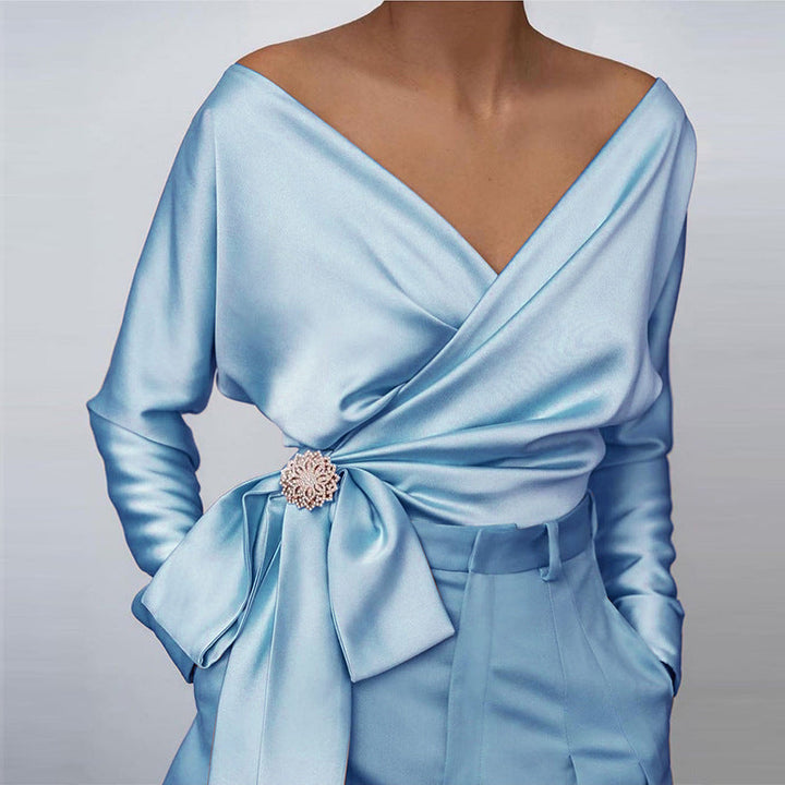 Maya | Top Elegant Wrap with Bow and Brooch