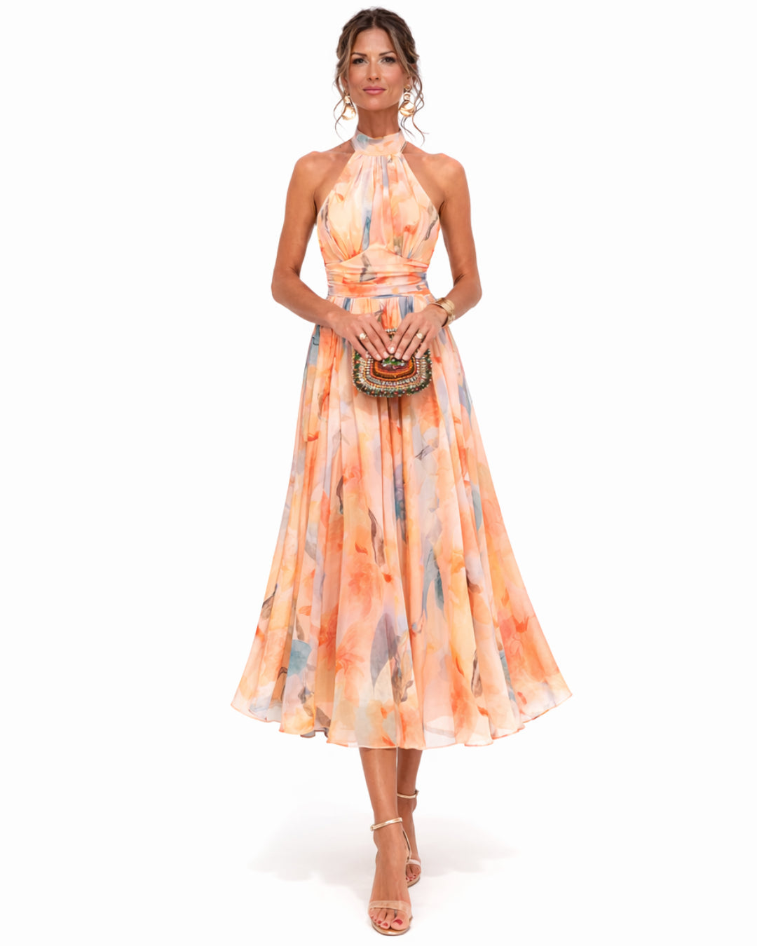 Ophelia | Watercolor Halter Summer Dress – Flowing A-Line Skirt