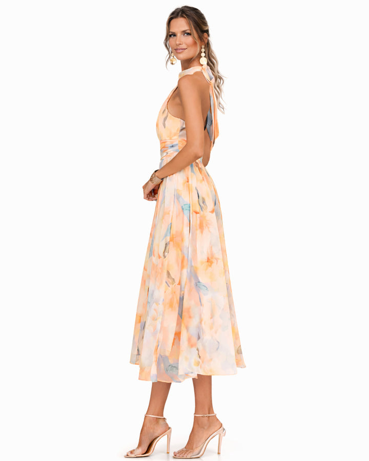 Ophelia | Watercolor Halter Summer Dress – Flowing A-Line Skirt