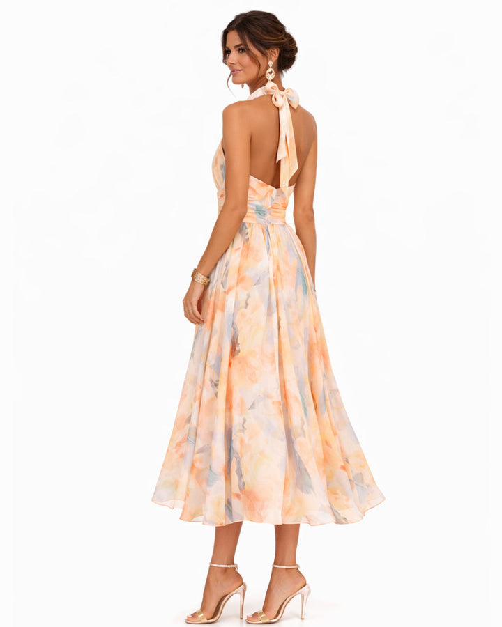 Ophelia | Watercolor Halter Summer Dress – Flowing A-Line Skirt