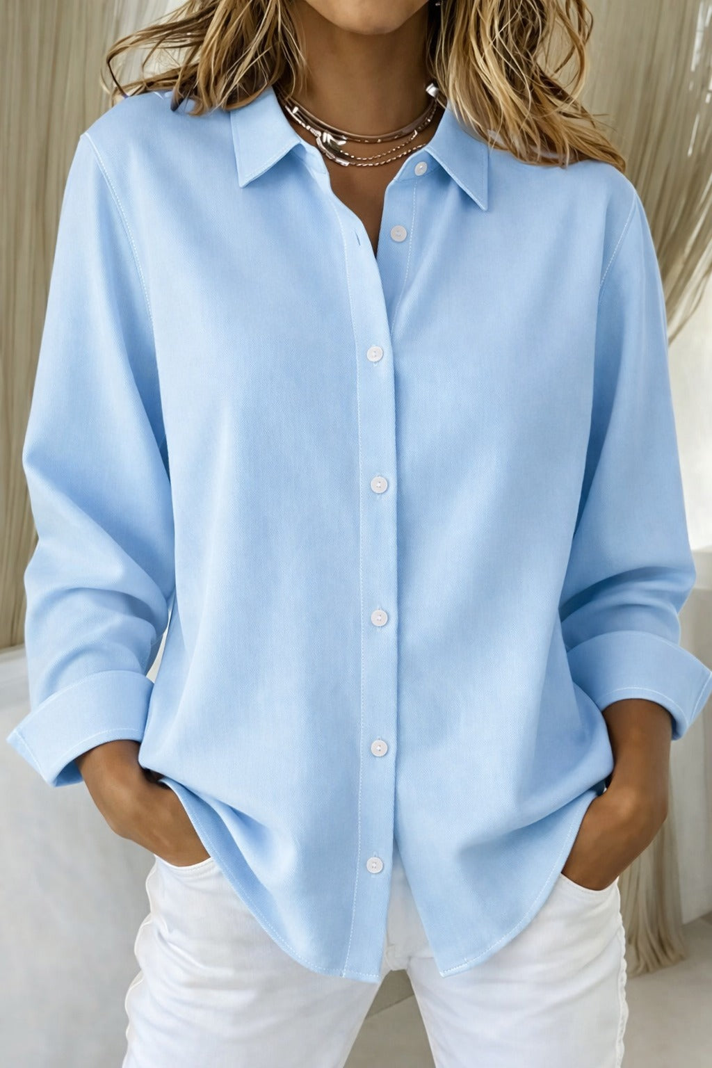 Camille | Woven Button Blouse – Point Collar with Cuffed Sleeves