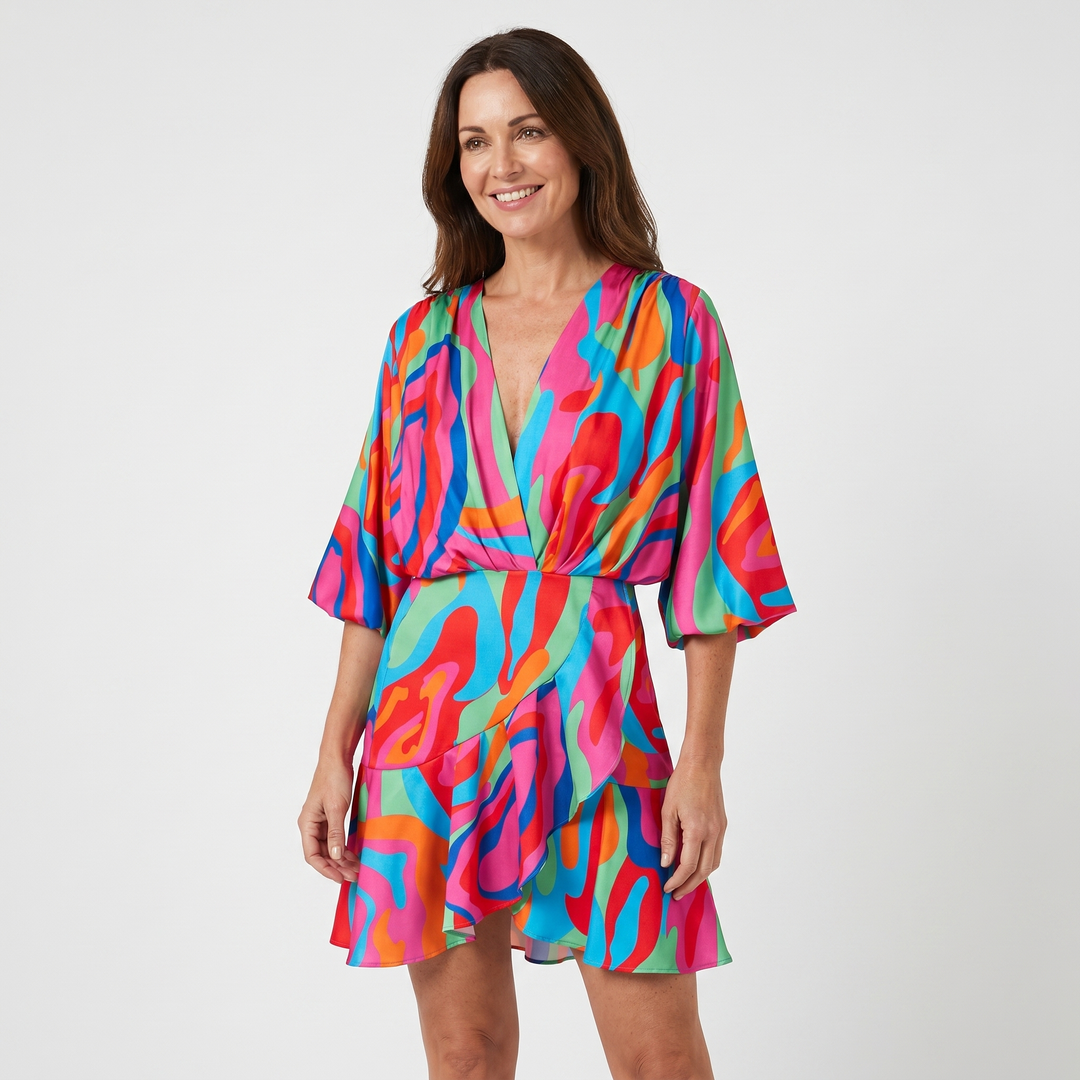 Katerina | Mini Dress with Batwing Sleeves and Waist Tie