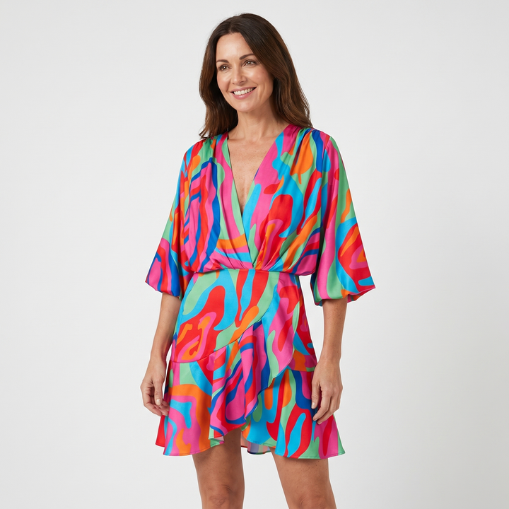 Katerina | Mini Dress with Batwing Sleeves and Waist Tie