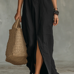 Veronica black maxi dress button and hem detail
