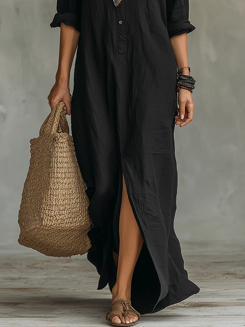 Veronica black maxi dress button and hem detail