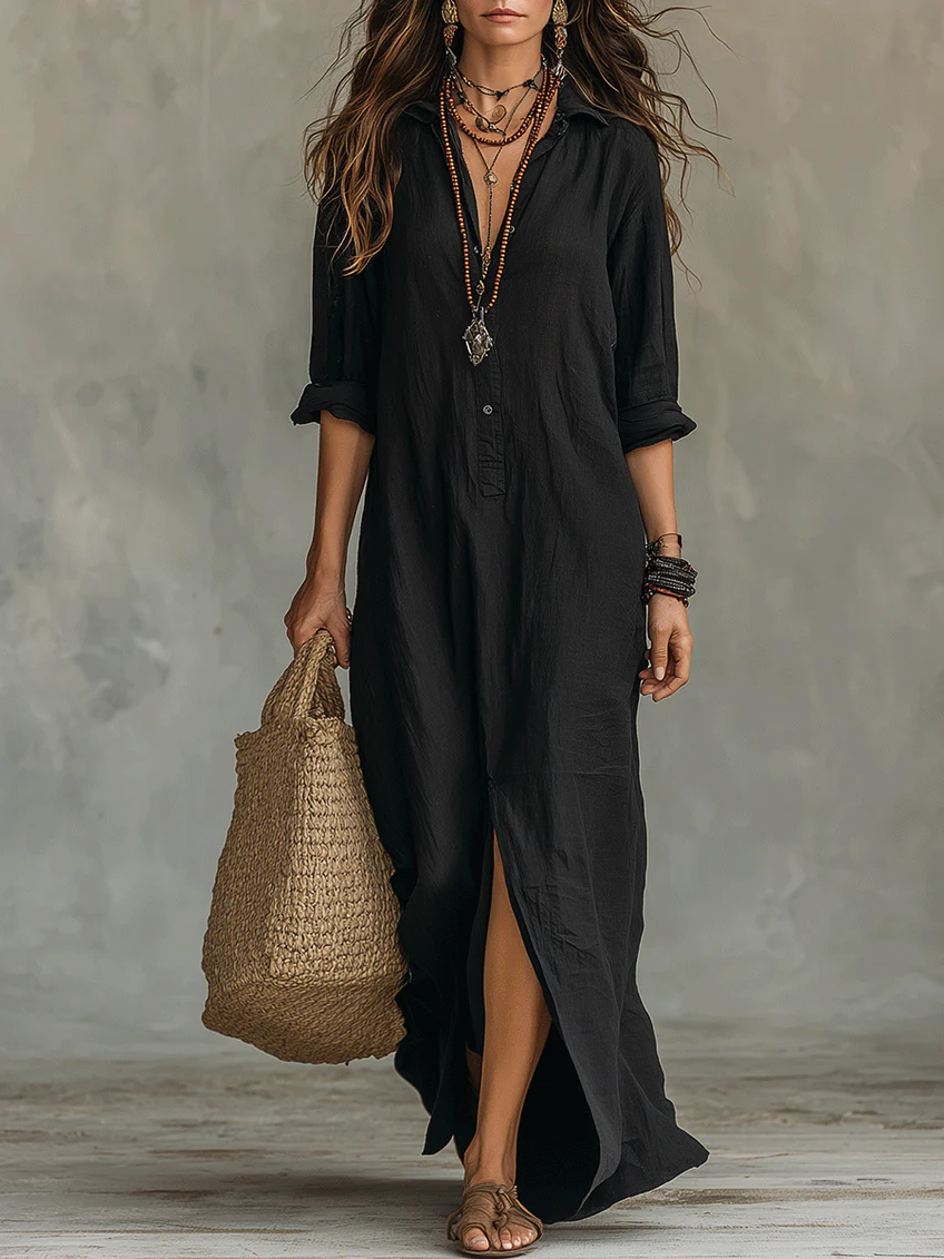 Veronica relaxed button-front maxi dress in black