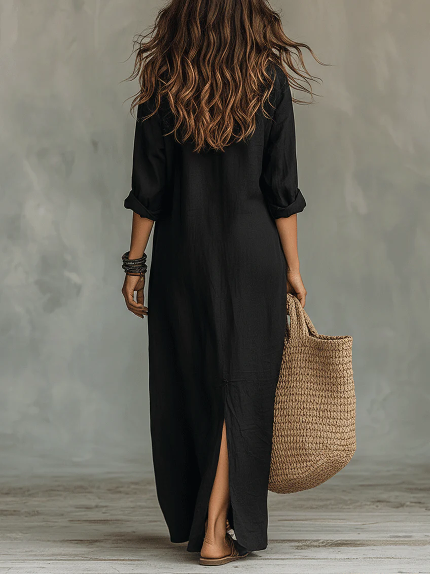 Veronica black flowing maxi dress back view