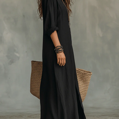 Veronica black button-front maxi dress side view