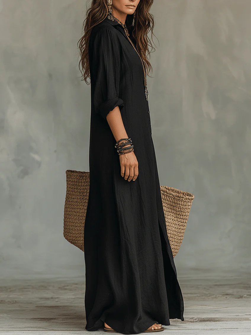 Veronica black button-front maxi dress side view