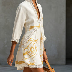 Alienor elegant crochet mini dress in ivory, detail view 1
