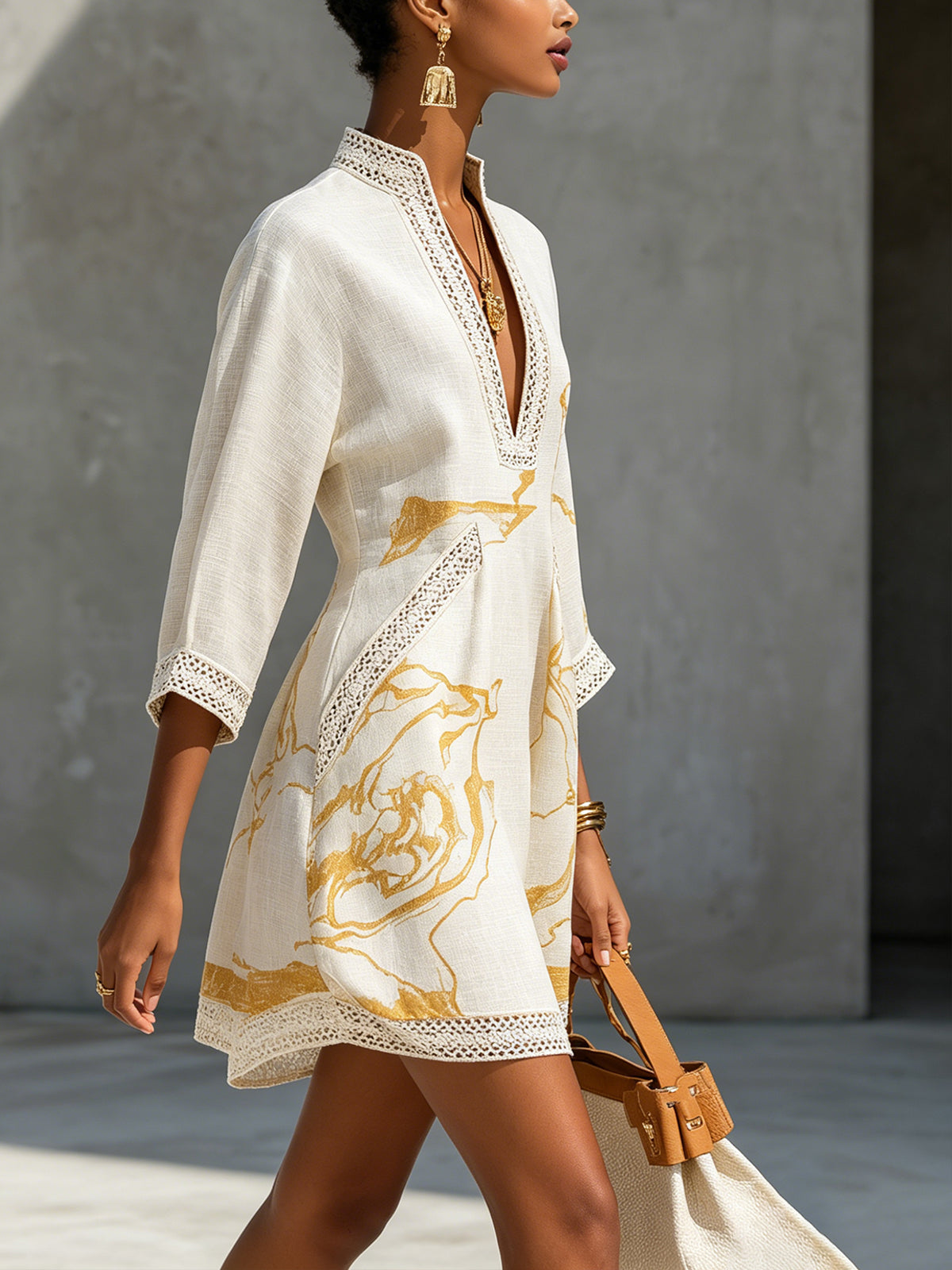 Alienor elegant crochet mini dress in ivory, detail view 1