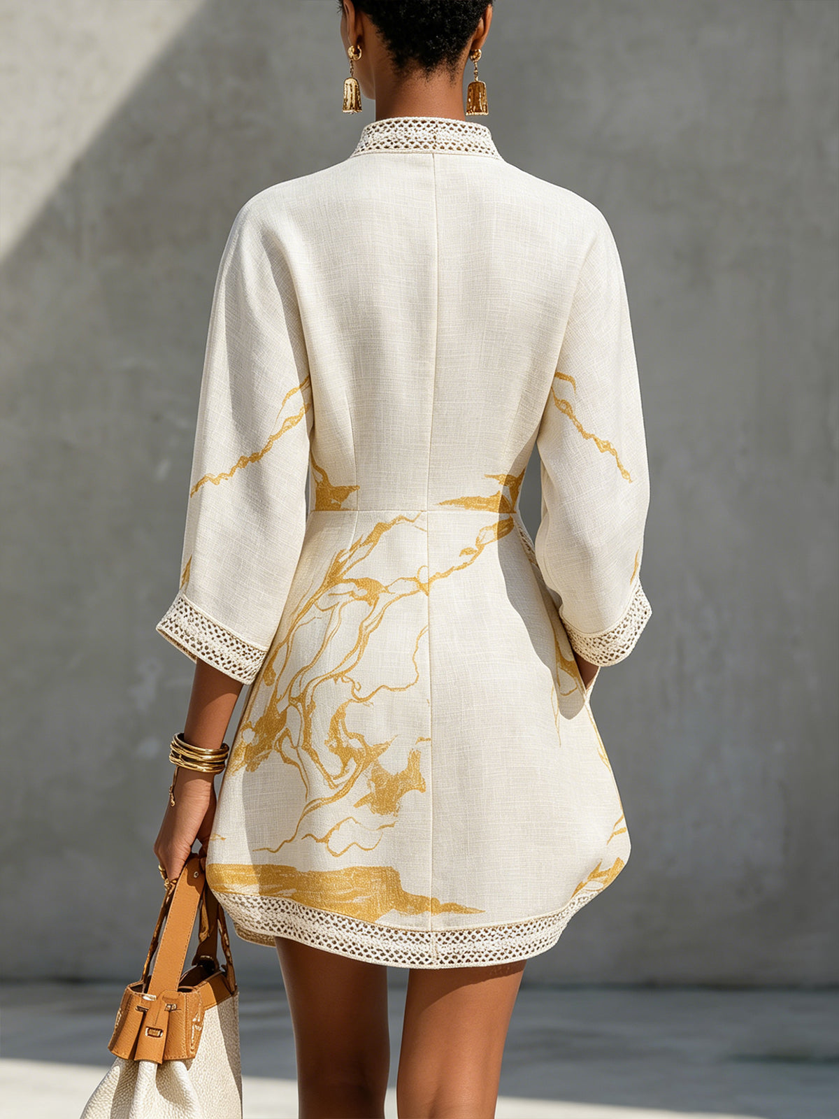 Alienor elegant crochet mini dress in ivory, detail view 2