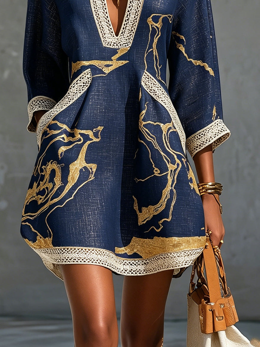 Alienor elegant crochet mini dress in navy, detail view 3