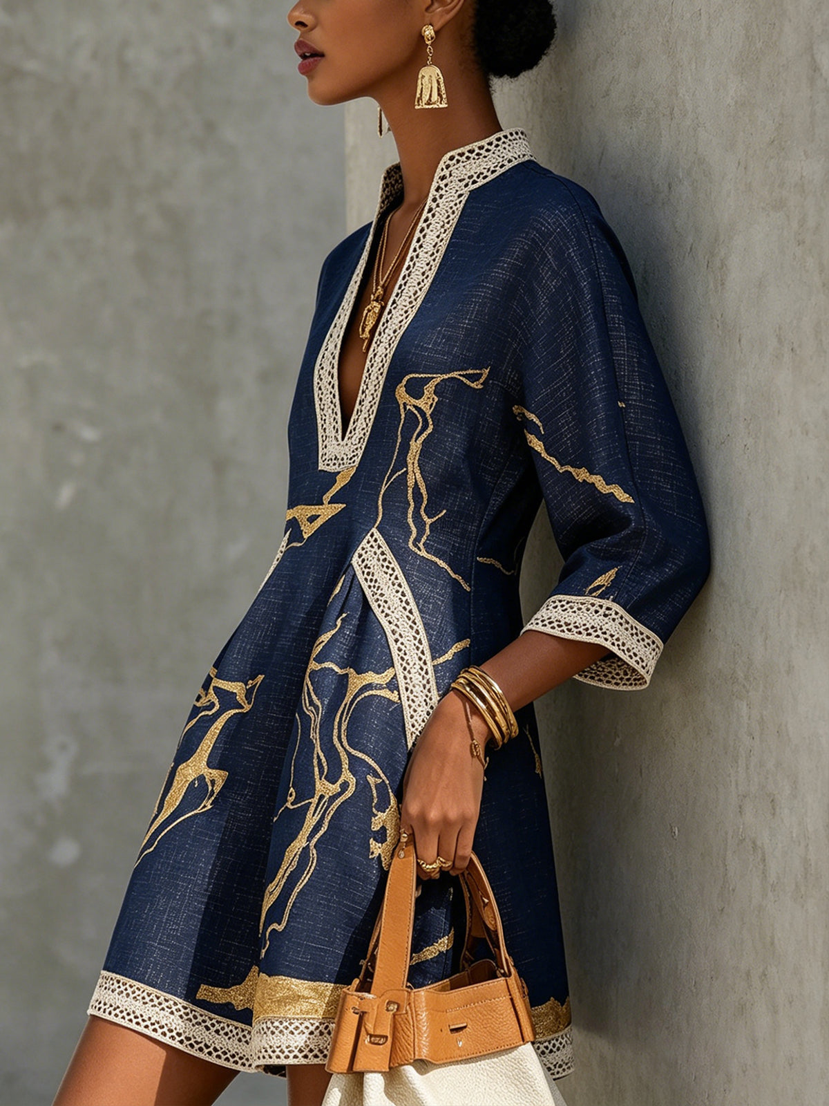 Alienor elegant crochet mini dress in navy, detail view 1