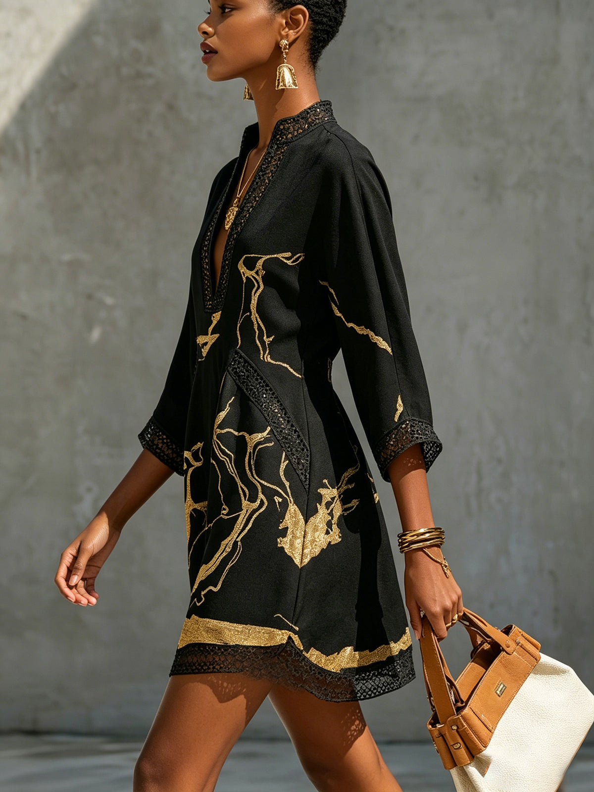 Alienor elegant crochet mini dress in black, detail view 1