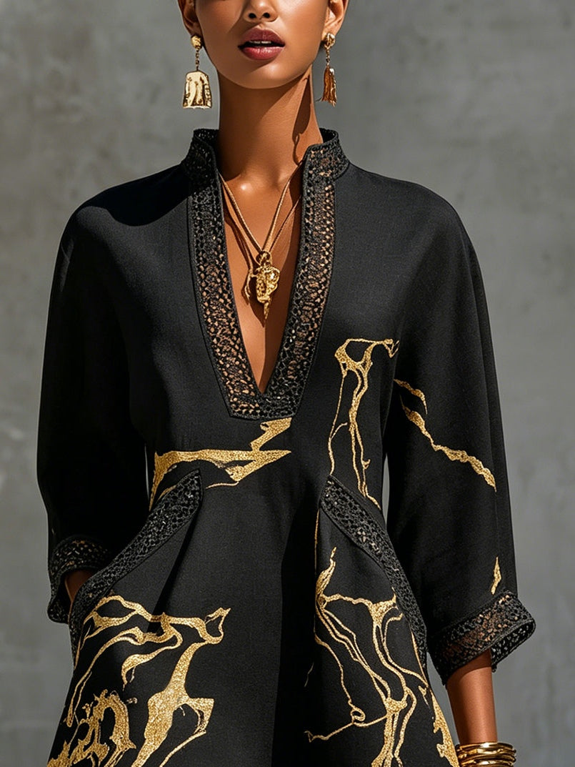 Alienor elegant crochet mini dress in black, detail view 2