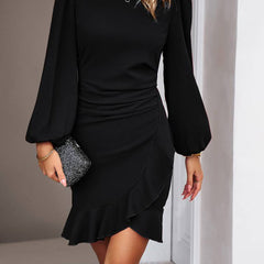 Alina black ruched ruffle mini dress