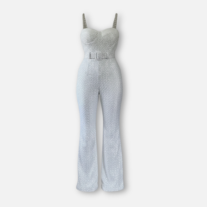 Elena | Sequin Jumpsuit with Flared Legs and Waist Belt