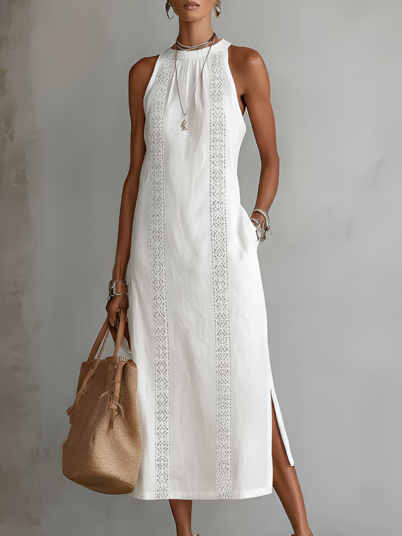 Jimena | Relaxed Embroidered Mandarin Collar Midi Dress