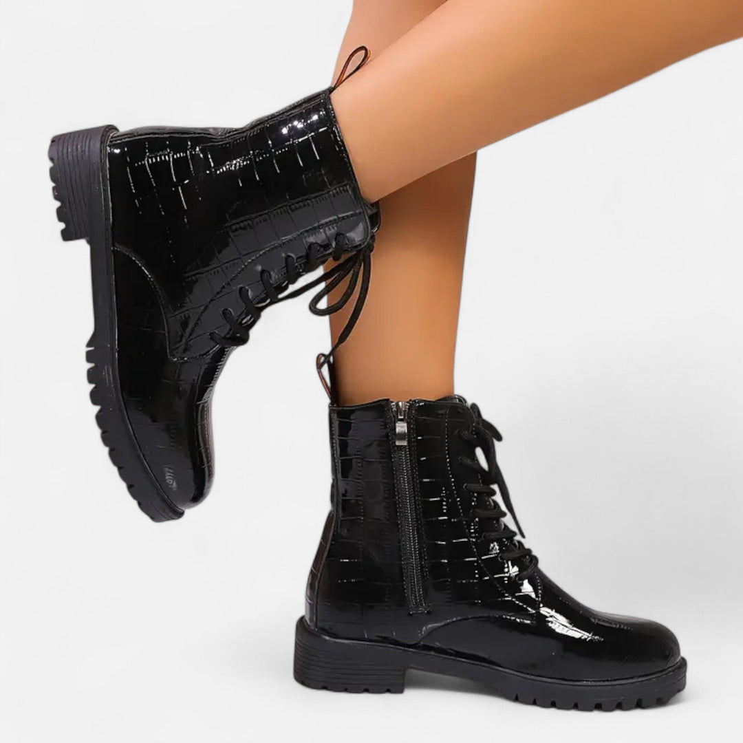 Cecilia | Mid Heel Croc-Pattern Ankle Boots