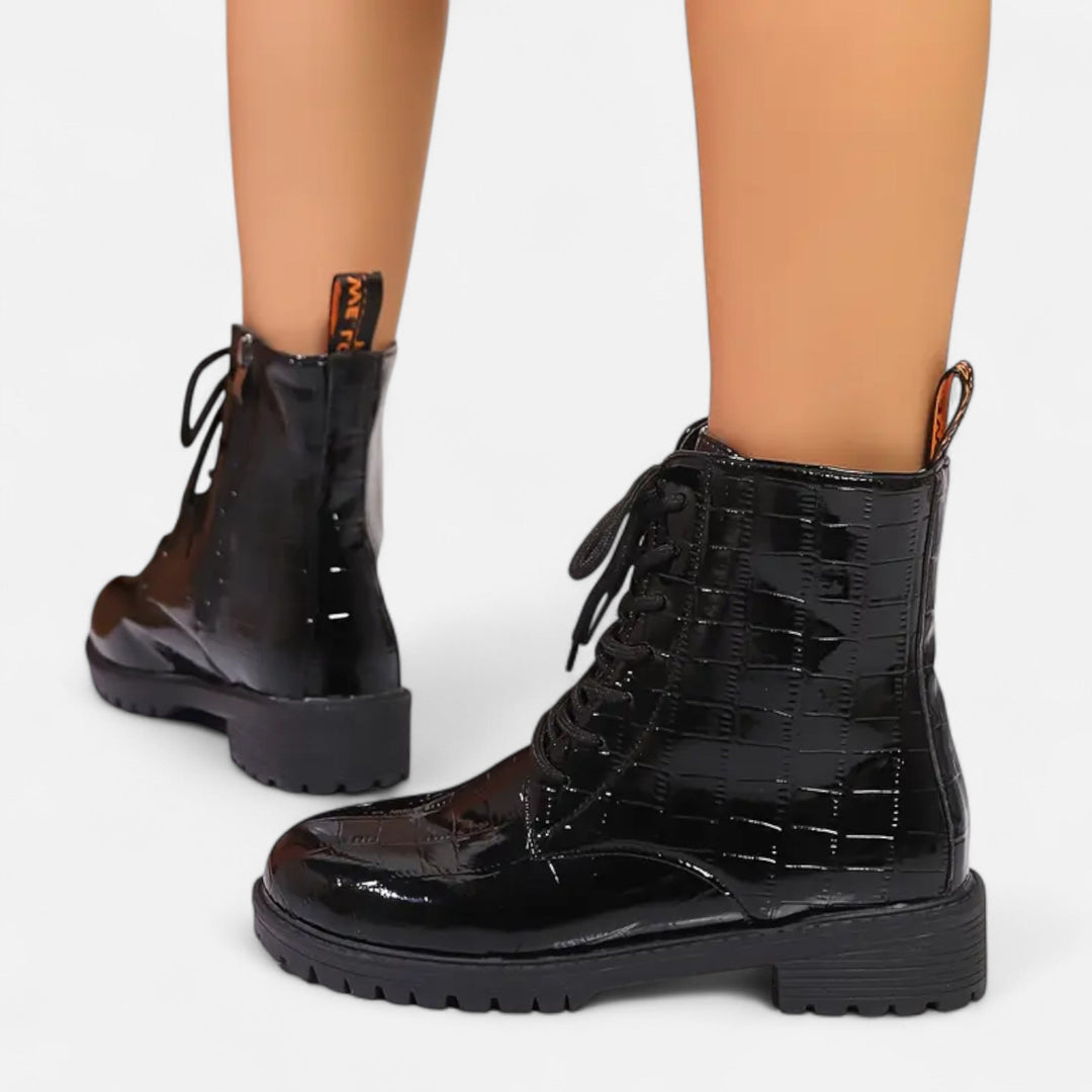 Cecilia | Mid Heel Croc-Pattern Ankle Boots