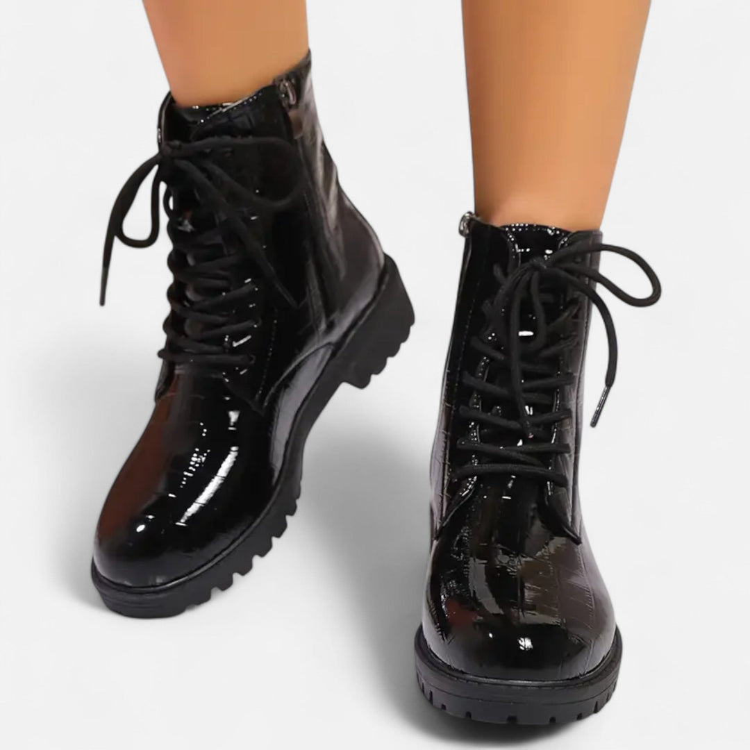 Cecilia | Mid Heel Croc-Pattern Ankle Boots