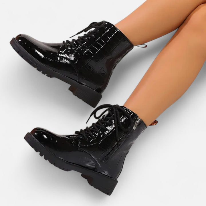 Cecilia | Mid Heel Croc-Pattern Ankle Boots