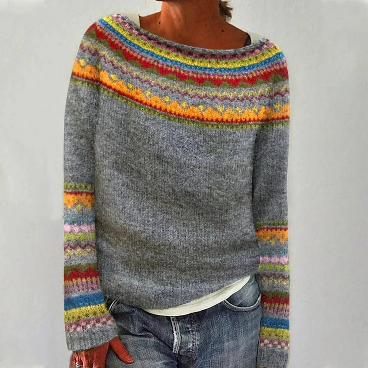 Olivia | Women's Nordic Jumper Boat Neck Relaxed Fit Multicolour